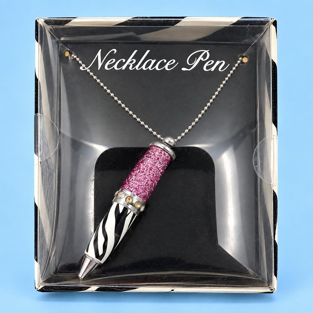 Pink Glitter Pen Necklace Zebra Print Novelty Pendant Enchante-2888